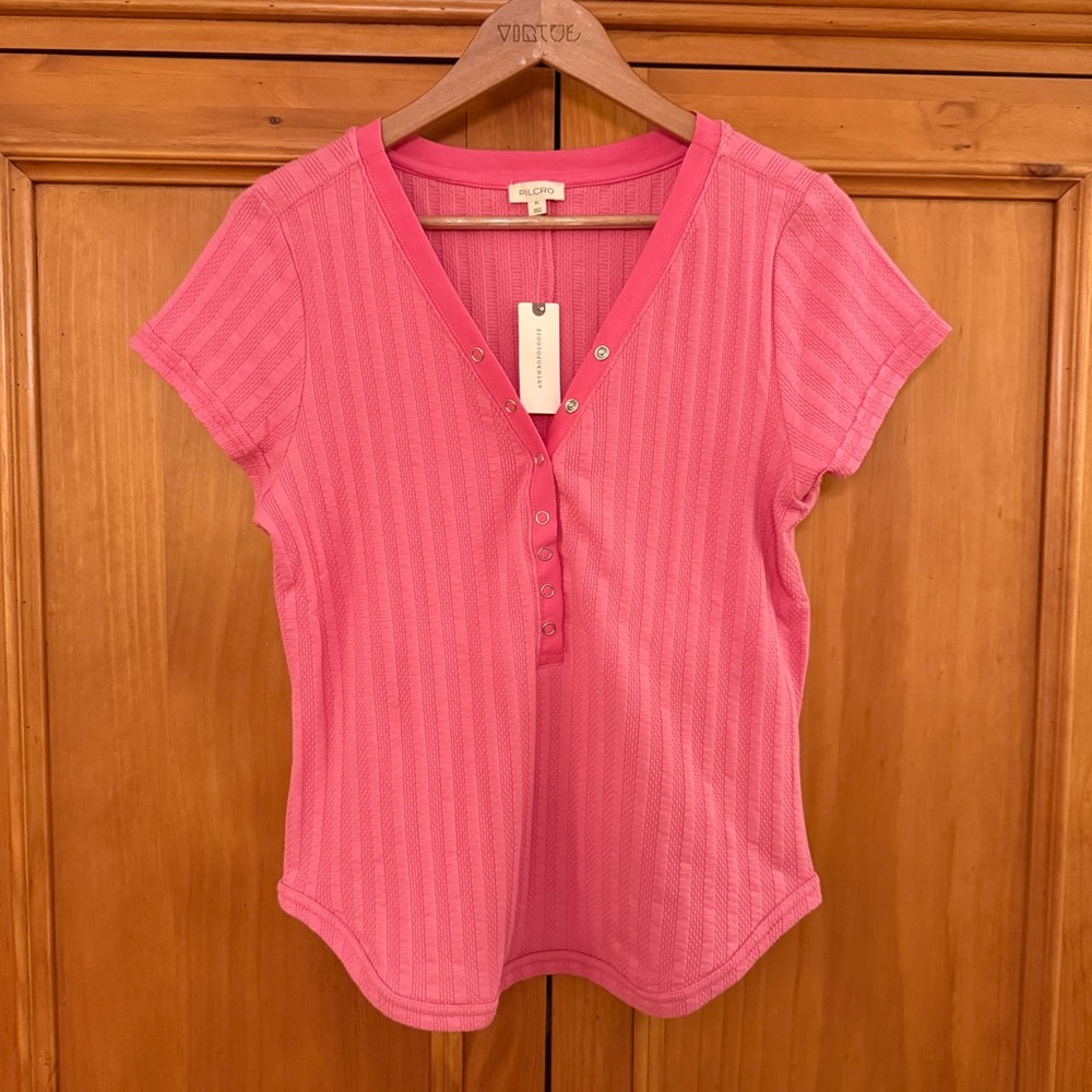 Anthropologie Pilcro Rose Pink Snap Up Ribbed Knit Short Sleeve Top